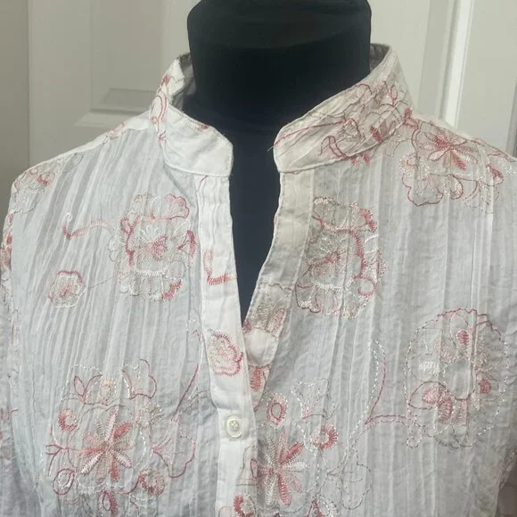 Fred David Womens L Blouse Floral Embroidered Button Front Crinkle Stretch Top - Picture 5 of 13